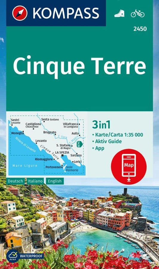 KOMPASS Wanderkarte 2450 Cinque Terre 1:35.000: 3in1 Wanderkarte, mit Aktiv Guide inklusive Karte zur offline Verwendung in der KOMPASS-App. Fahrradfahren. cover image